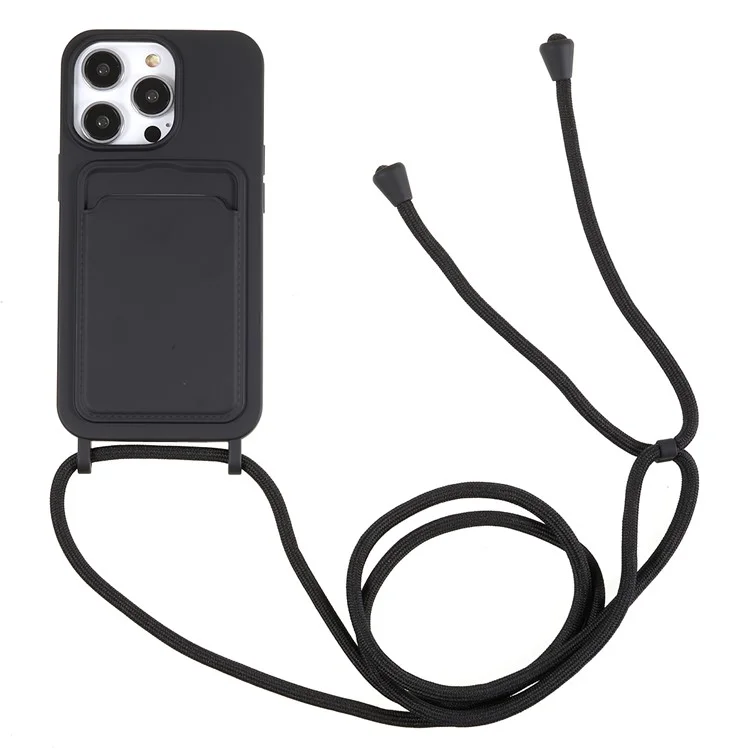 Phone Case for iPhone 14 Pro Liquid Silicone Cover Anti-Scratch Shockproof Case with Card Slot, Strap - Black