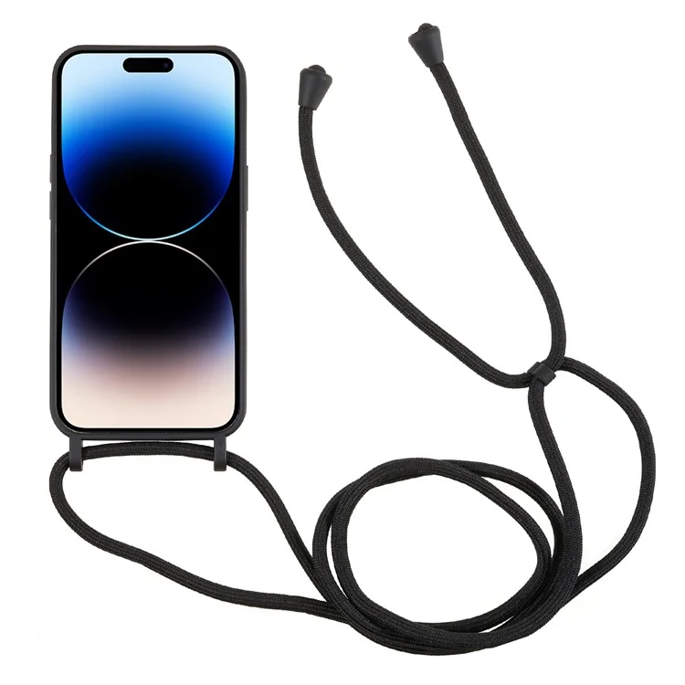 Phone Case for iPhone 14 Pro Liquid Silicone Cover Anti-Scratch Shockproof Case with Card Slot, Strap - Black