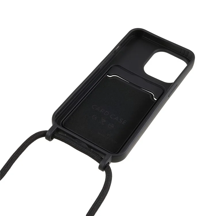 Phone Case for iPhone 14 Pro Liquid Silicone Cover Anti-Scratch Shockproof Case with Card Slot, Strap - Black