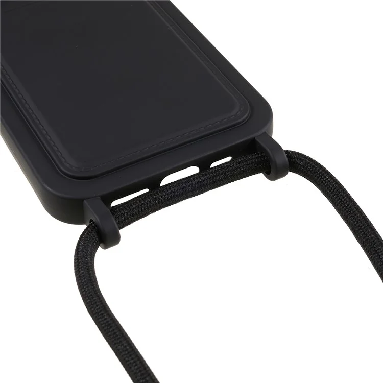 Phone Case for iPhone 14 Pro Liquid Silicone Cover Anti-Scratch Shockproof Case with Card Slot, Strap - Black