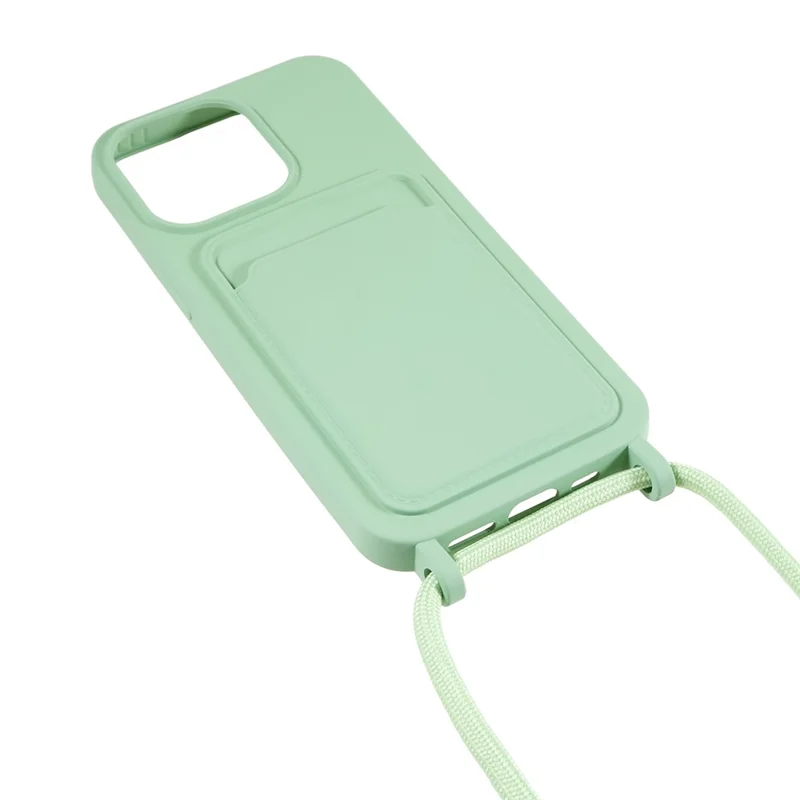 Shockproof Case for iPhone 14 Pro Max Liquid Silicone Cover Anti-Drop Phone Case with Card Slot, Strap - Light Green