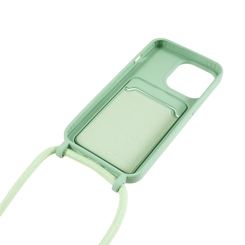 Shockproof Case for iPhone 14 Pro Max Liquid Silicone Cover Anti-Drop Phone Case with Card Slot, Strap - Light Green