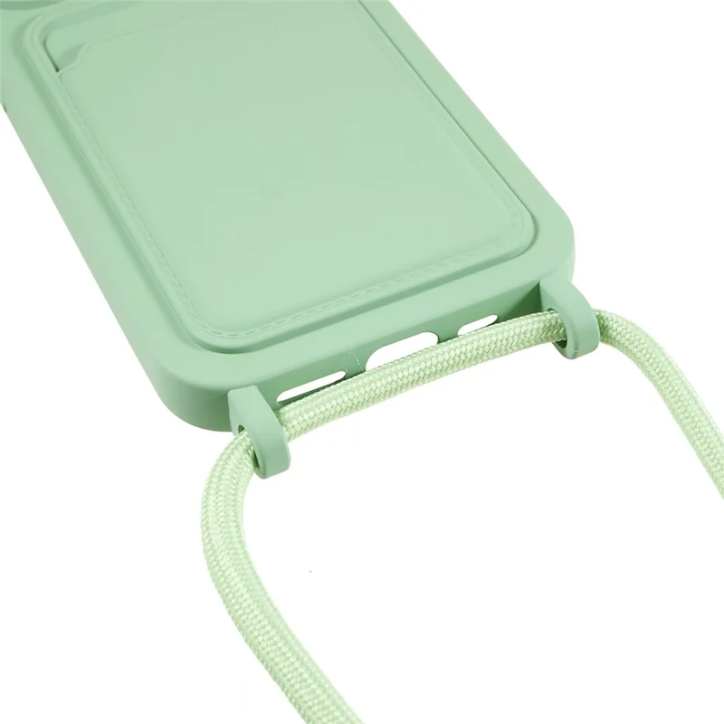 Shockproof Case for iPhone 14 Pro Max Liquid Silicone Cover Anti-Drop Phone Case with Card Slot, Strap - Light Green