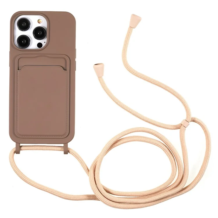 Shockproof Case for iPhone 14 Pro Max Liquid Silicone Cover Anti-Drop Phone Case with Card Slot, Strap - Coffee