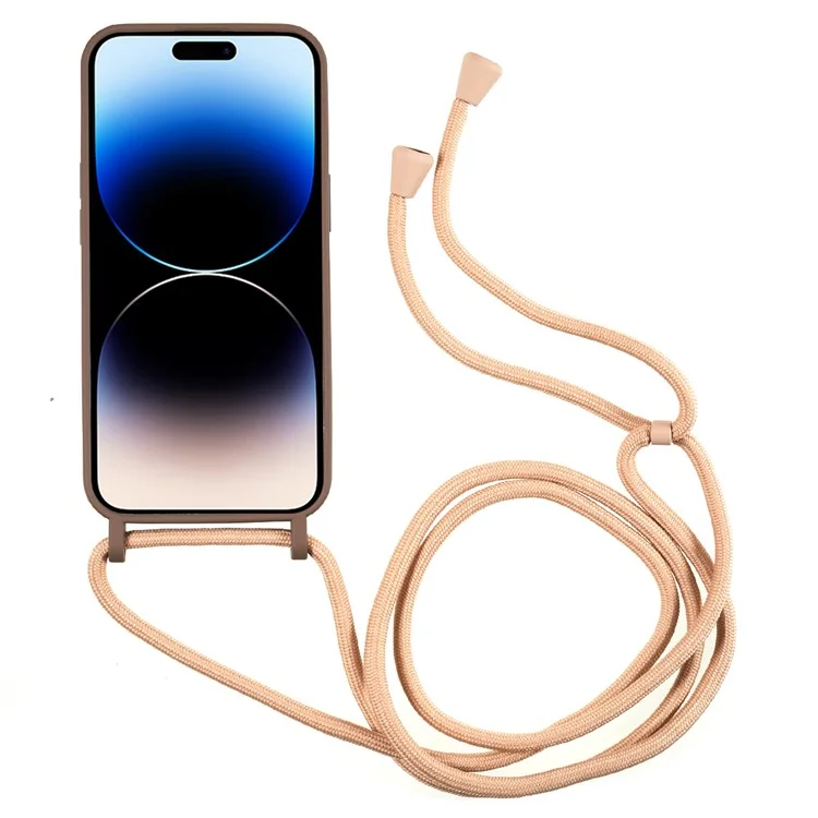 Shockproof Case for iPhone 14 Pro Max Liquid Silicone Cover Anti-Drop Phone Case with Card Slot, Strap - Coffee