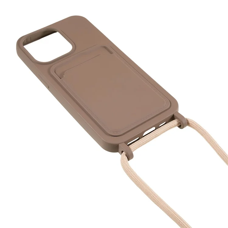 Shockproof Case for iPhone 14 Pro Max Liquid Silicone Cover Anti-Drop Phone Case with Card Slot, Strap - Coffee