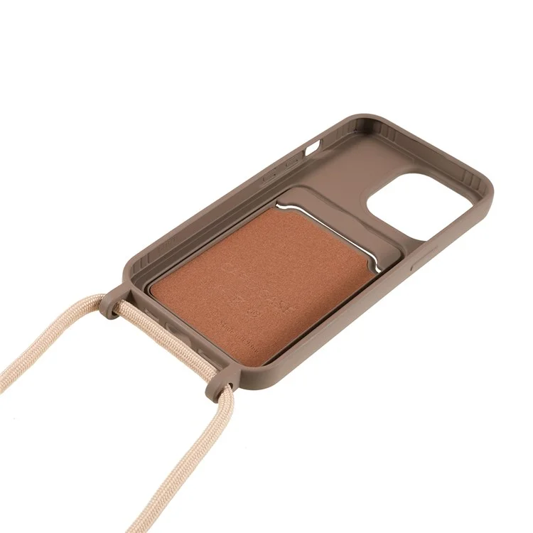 Shockproof Case for iPhone 14 Pro Max Liquid Silicone Cover Anti-Drop Phone Case with Card Slot, Strap - Coffee