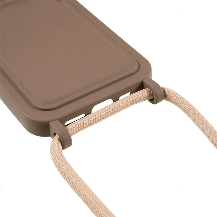 Shockproof Case for iPhone 14 Pro Max Liquid Silicone Cover Anti-Drop Phone Case with Card Slot, Strap - Coffee