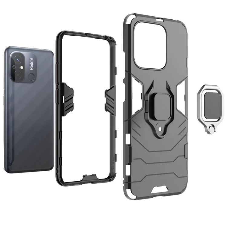 For Xiaomi Poco C55 4G / Redmi 11A 4G / 12C 4G Ring Holder Kickstand Phone Case TPU+PC Cover - Black