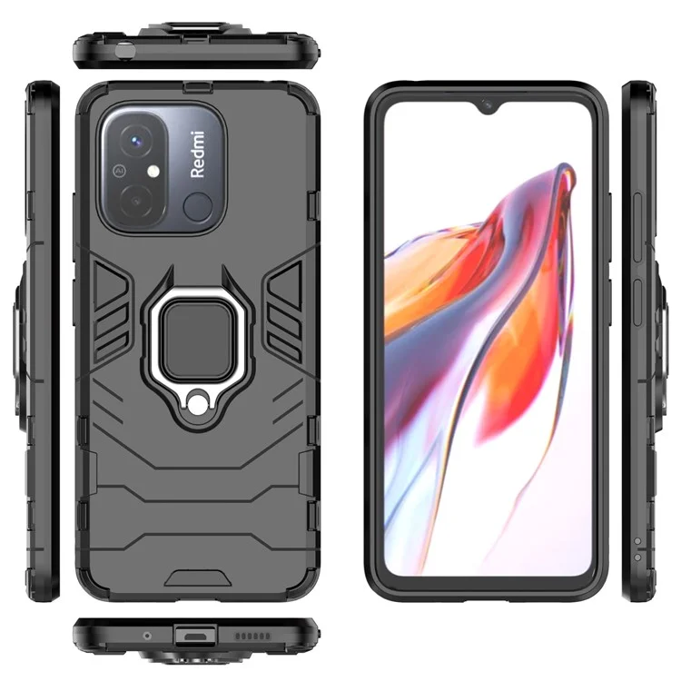 For Xiaomi Poco C55 4G / Redmi 11A 4G / 12C 4G Ring Holder Kickstand Phone Case TPU+PC Cover - Black
