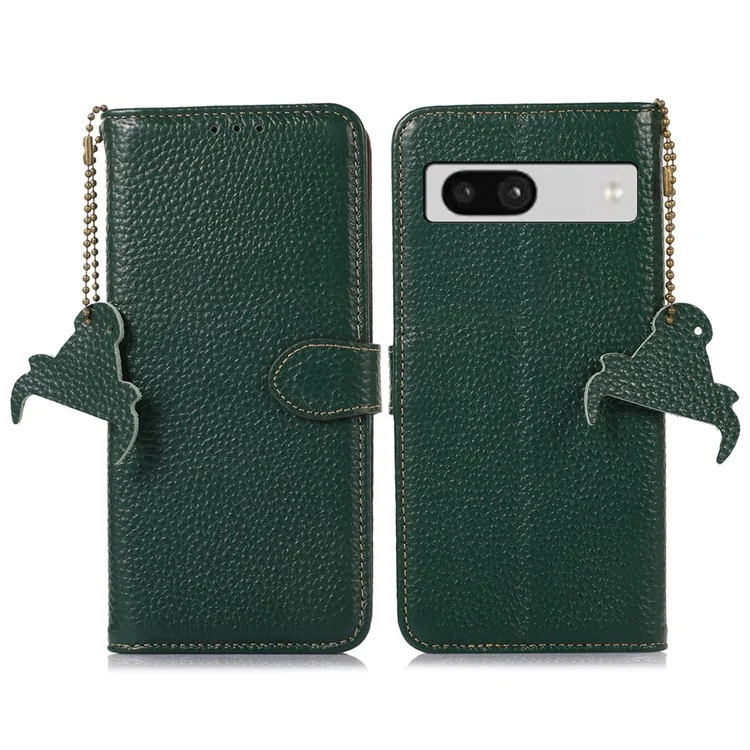 Para Google Pixel 7a Genuine Cow Leather Litchi Texture RFID Blocking Wallet Stand Case - Verde