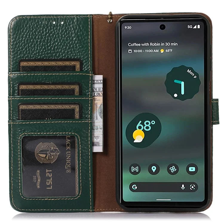 Para Google Pixel 7a Genuine Cow Leather Litchi Texture RFID Blocking Wallet Stand Case - Verde