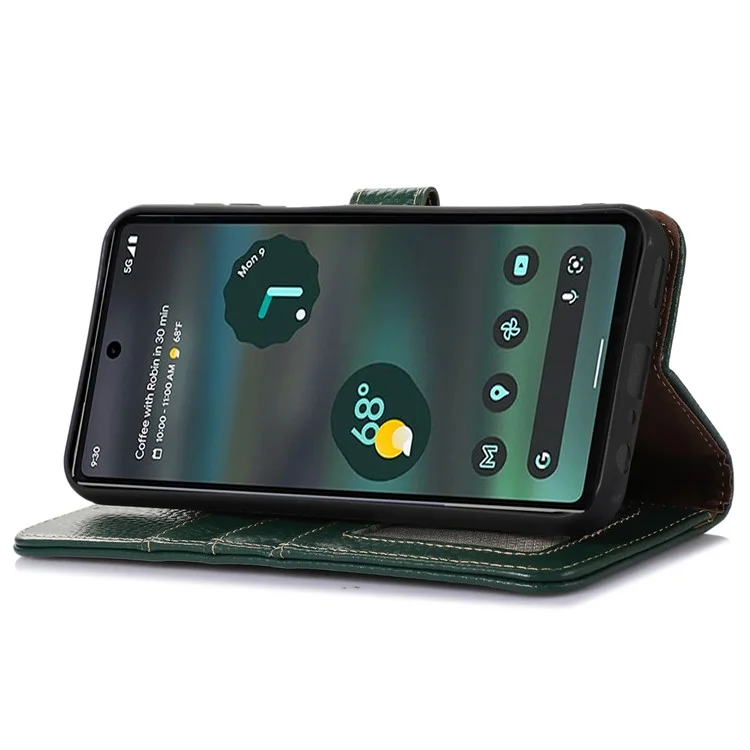 Para Google Pixel 7a Genuine Cow Leather Litchi Texture RFID Blocking Wallet Stand Case - Verde