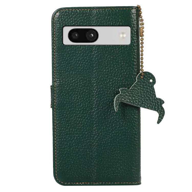 Para Google Pixel 7a Genuine Cow Leather Litchi Texture RFID Blocking Wallet Stand Case - Verde