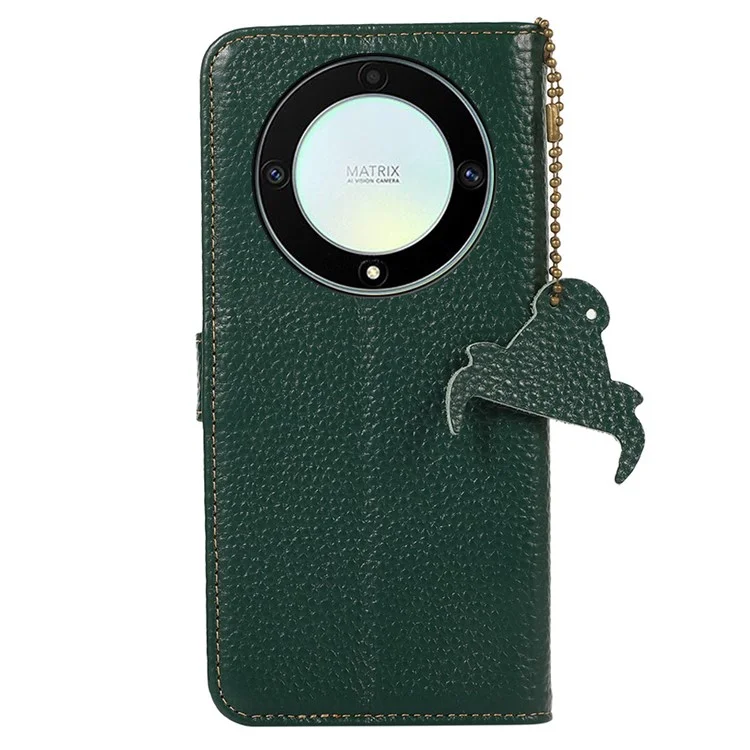 For Honor X9a 5G / Magic5 Lite 5G / X40 5G Genuine Cow Leather Cover Litchi Texture RFID Blocking Stand Wallet Case - Green