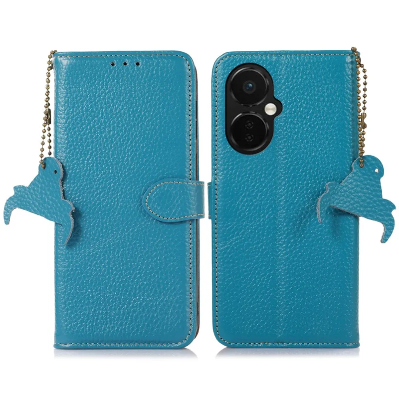 Capa de Celular para OnePlus Nord CE 3 Lite 5G / Nord N30 5G com Bloqueio RFID, de Couro Legítimo de Vaca com Textura de Litchi, Carteira de Suporte - Azul