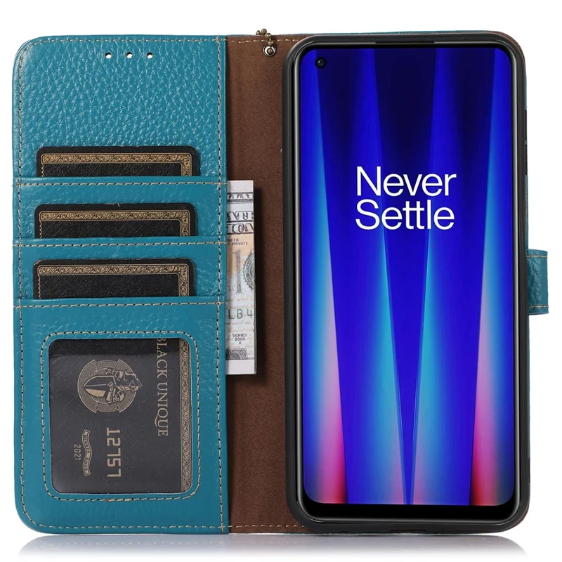 Capa de Celular para OnePlus Nord CE 3 Lite 5G / Nord N30 5G com Bloqueio RFID, de Couro Legítimo de Vaca com Textura de Litchi, Carteira de Suporte - Azul