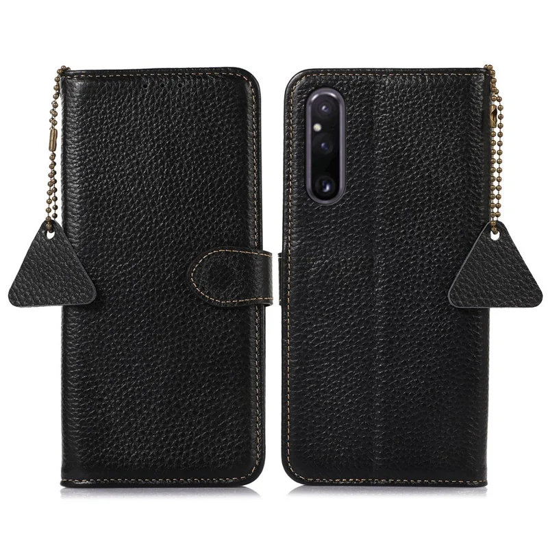 Étui de téléphone anti-rayures pour Sony Xperia 1 V en véritable cuir de vache Texture litchi Blocage RFID Étui portefeuille avec support - Noir
