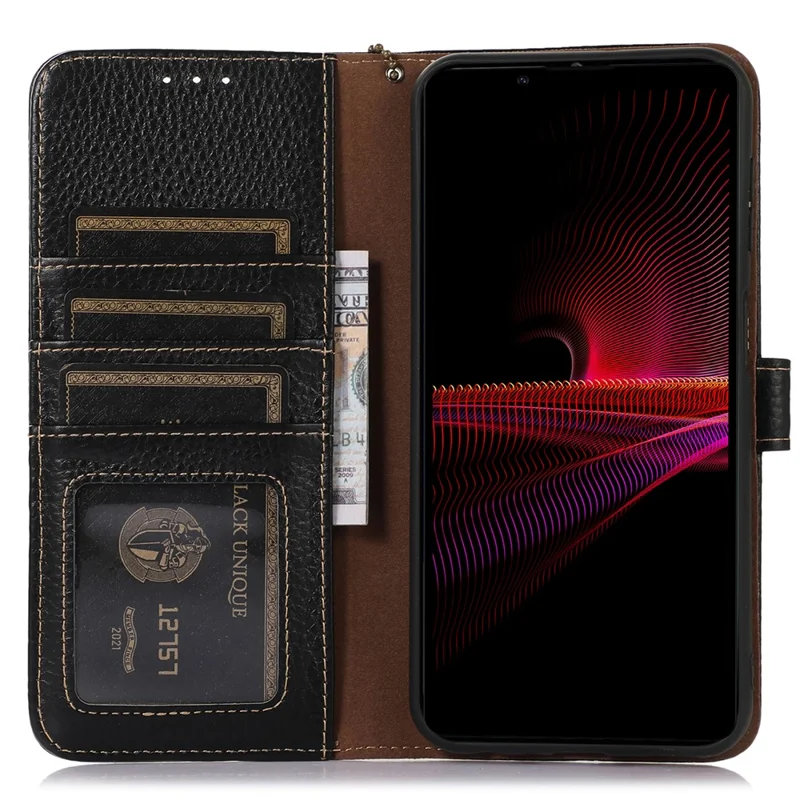 Étui de téléphone anti-rayures pour Sony Xperia 1 V en véritable cuir de vache Texture litchi Blocage RFID Étui portefeuille avec support - Noir