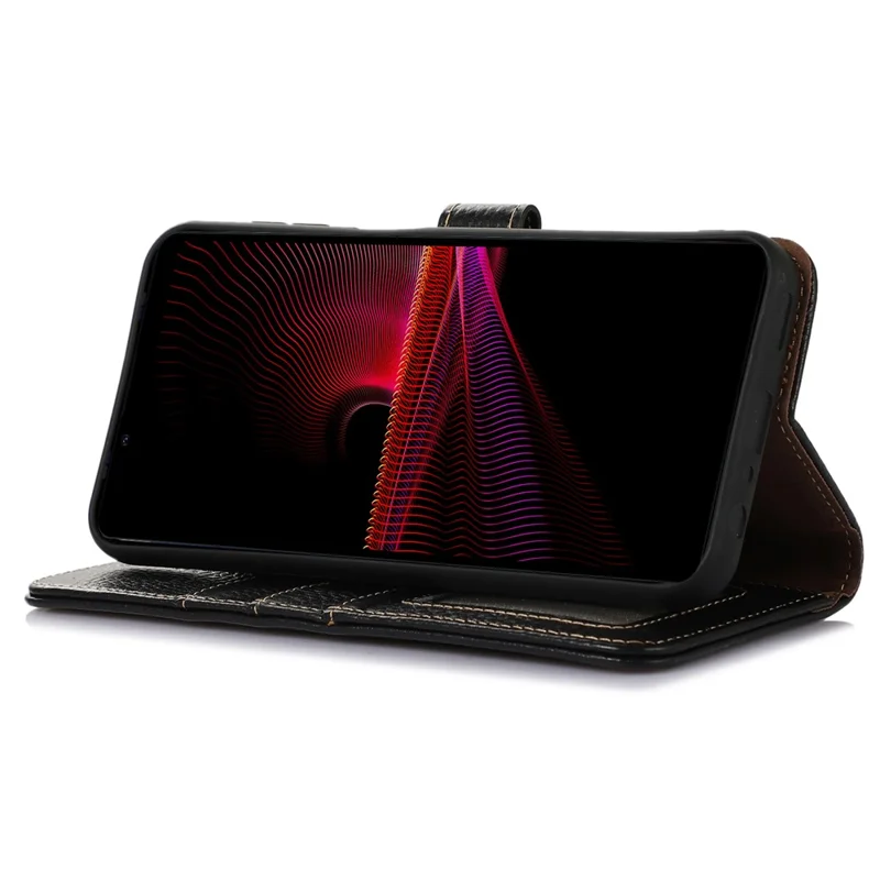 Étui de téléphone anti-rayures pour Sony Xperia 1 V en véritable cuir de vache Texture litchi Blocage RFID Étui portefeuille avec support - Noir