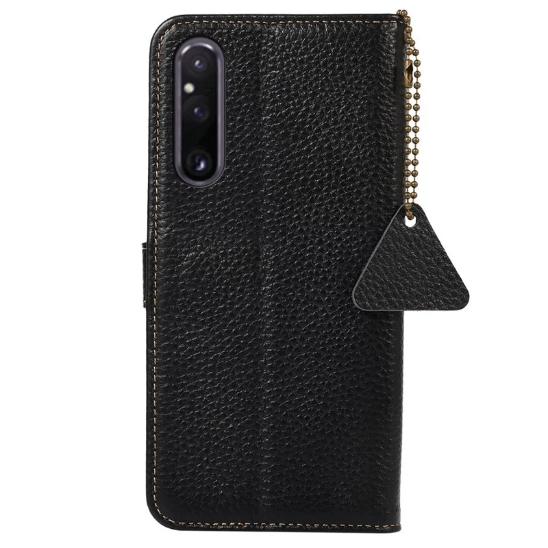 Étui de téléphone anti-rayures pour Sony Xperia 1 V en véritable cuir de vache Texture litchi Blocage RFID Étui portefeuille avec support - Noir