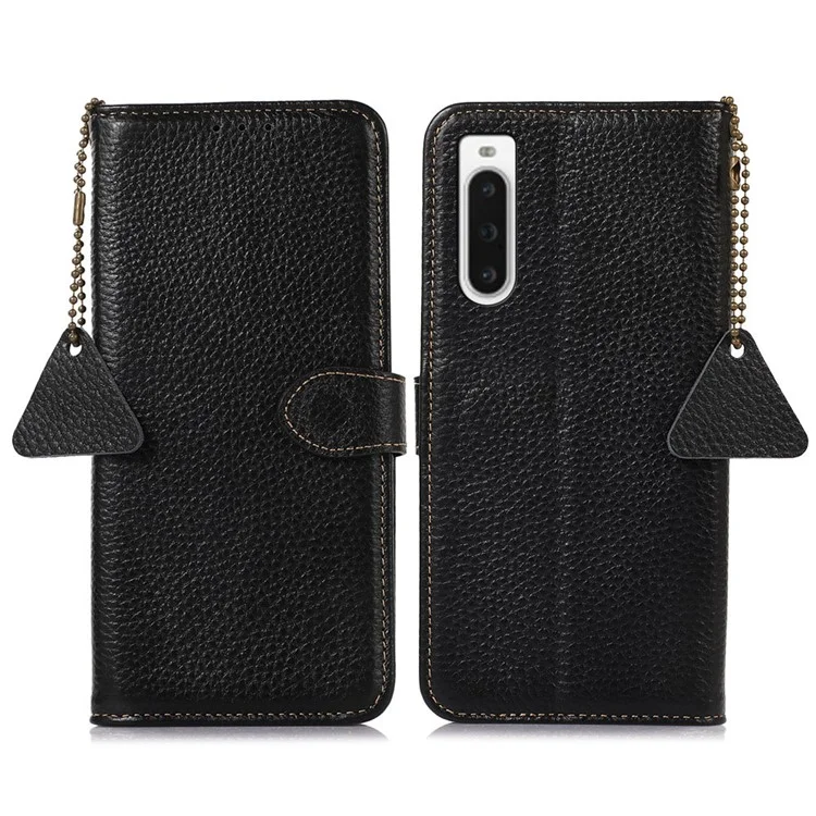 Per Sony Xperia 10 V RFID Blocking Phone Cover Stand Genuine Cow Leather Litchi Texture Phone Wallet Case - Nero