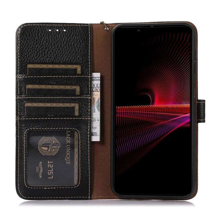 Per Sony Xperia 10 V RFID Blocking Phone Cover Stand Genuine Cow Leather Litchi Texture Phone Wallet Case - Nero
