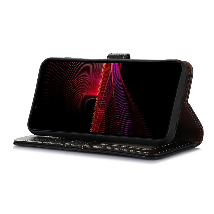 Per Sony Xperia 10 V RFID Blocking Phone Cover Stand Genuine Cow Leather Litchi Texture Phone Wallet Case - Nero