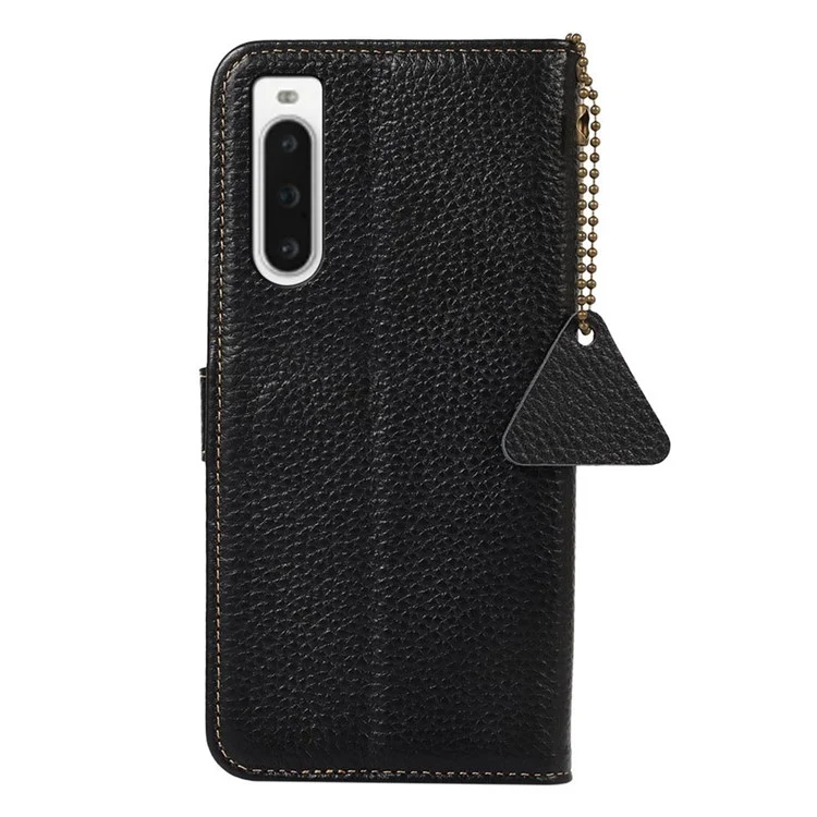 Per Sony Xperia 10 V RFID Blocking Phone Cover Stand Genuine Cow Leather Litchi Texture Phone Wallet Case - Nero