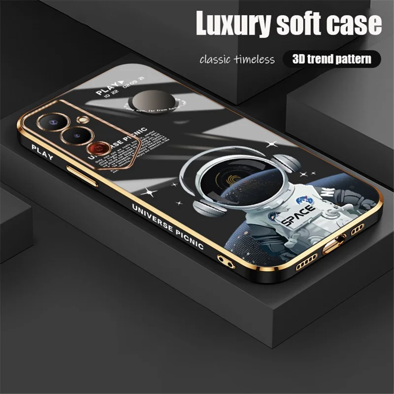 RZANTS For TECNO Pova 4 4G Soft TPU Anti-Slip Phone Case Electroplating Headphone Astronaut Pattern Back Cover - Black