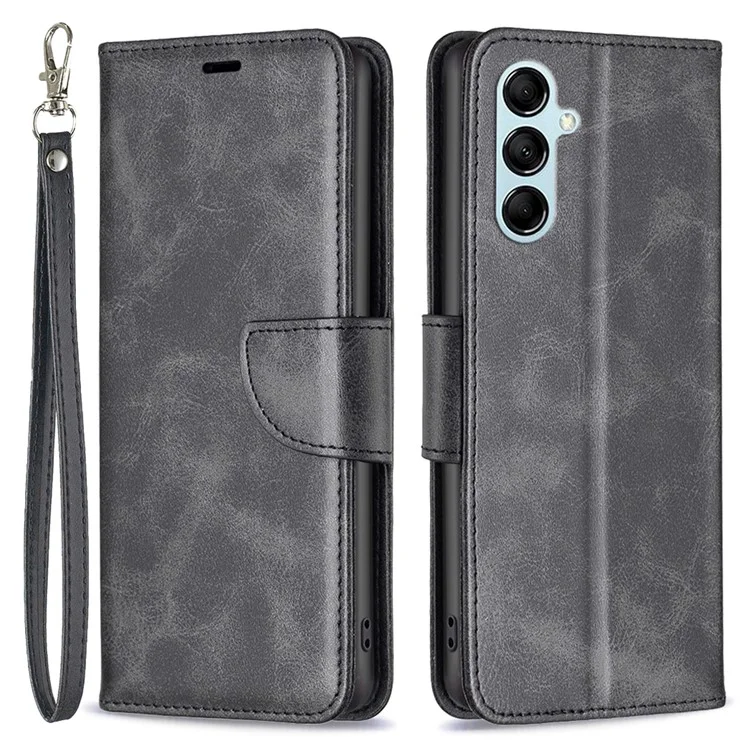Per Samsung Galaxy M14 5G Solid Color Textured PU Leather Wallet Stand Shell Phone Protector Case with Strap - Nero