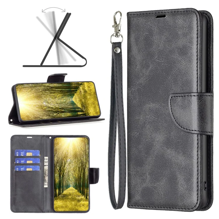 Per Samsung Galaxy M14 5G Solid Color Textured PU Leather Wallet Stand Shell Phone Protector Case with Strap - Nero