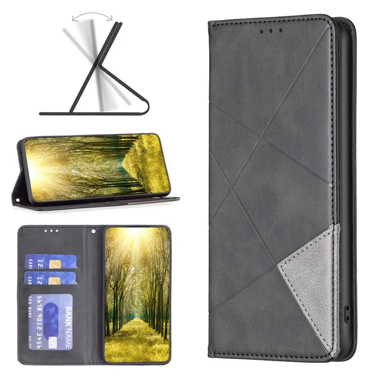 For Samsung Galaxy M14 5G Leather Case with Card Holder Imprinting Pattern Phone Stand Cover - Black
