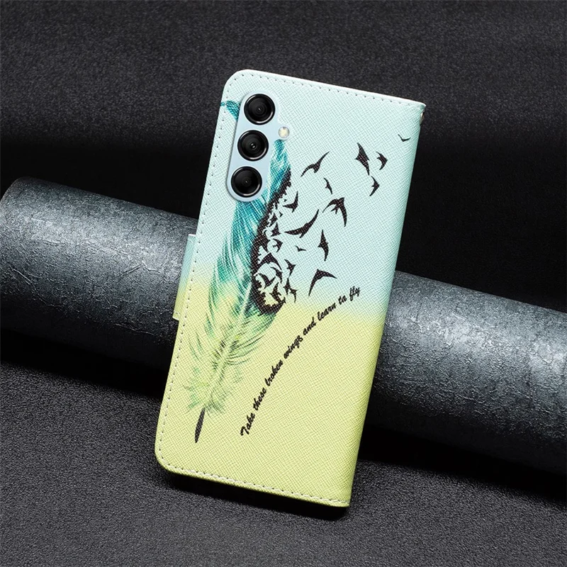 For Samsung Galaxy M14 5G Phone Case Pattern Printing PU Leather Wallet Stand Cover - Feather