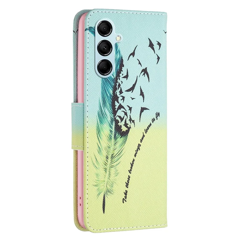 For Samsung Galaxy M14 5G Phone Case Pattern Printing PU Leather Wallet Stand Cover - Feather