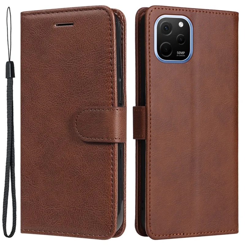Stødfast standcase til Huawei nova Y61 4G / Enjoy 50z 4G, solide farve PU læderwallet cover med snor - Brun