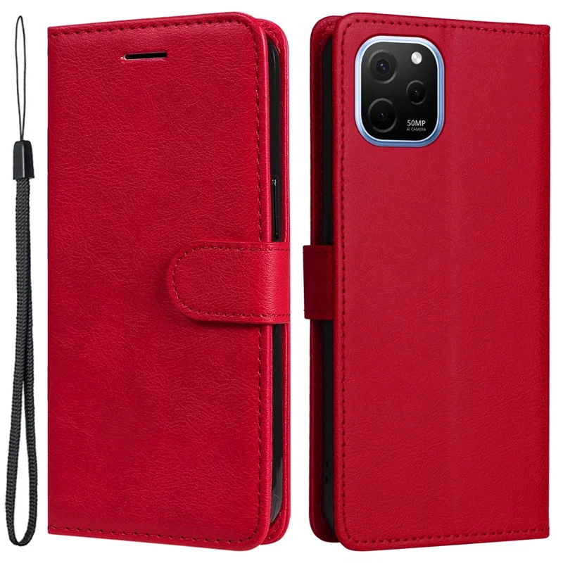Shockproof Stand Case for Huawei nova Y61 4G / Enjoy 50z 4G Solid Color PU Leather Wallet Cover with Strap - Red