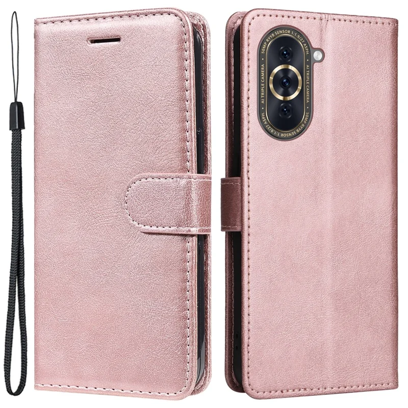 For Huawei nova 10 4G Case Solid Color Leather Mobile Cover Wallet Stand with Strap - Rose Gold