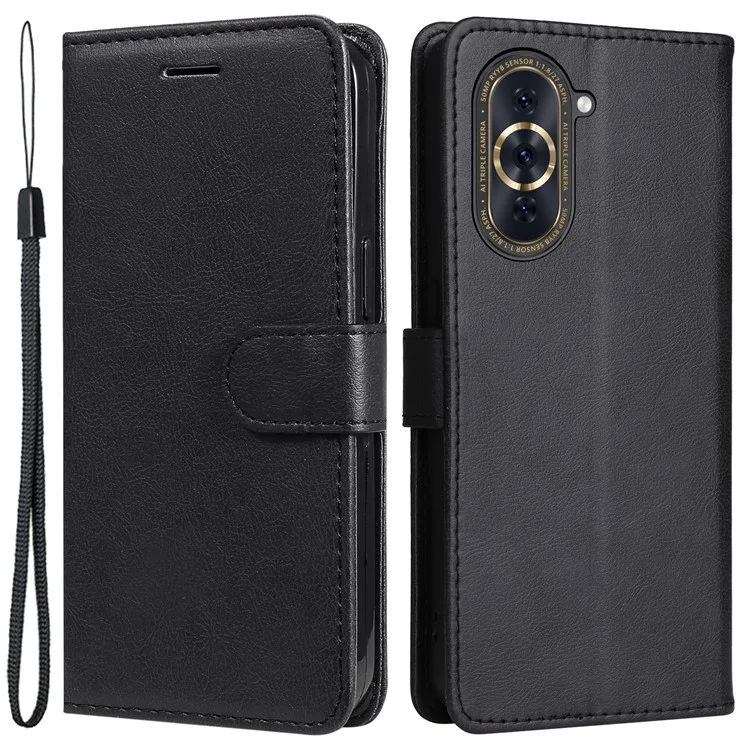 Funda de soporte para teléfono para Huawei nova 10 Pro 4G, de color sólido, a prueba de golpes, de piel sintética PU, con correa - Negro