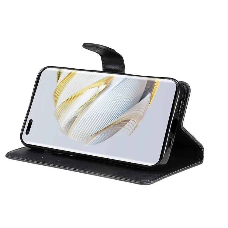 Funda de soporte para teléfono para Huawei nova 10 Pro 4G, de color sólido, a prueba de golpes, de piel sintética PU, con correa - Negro
