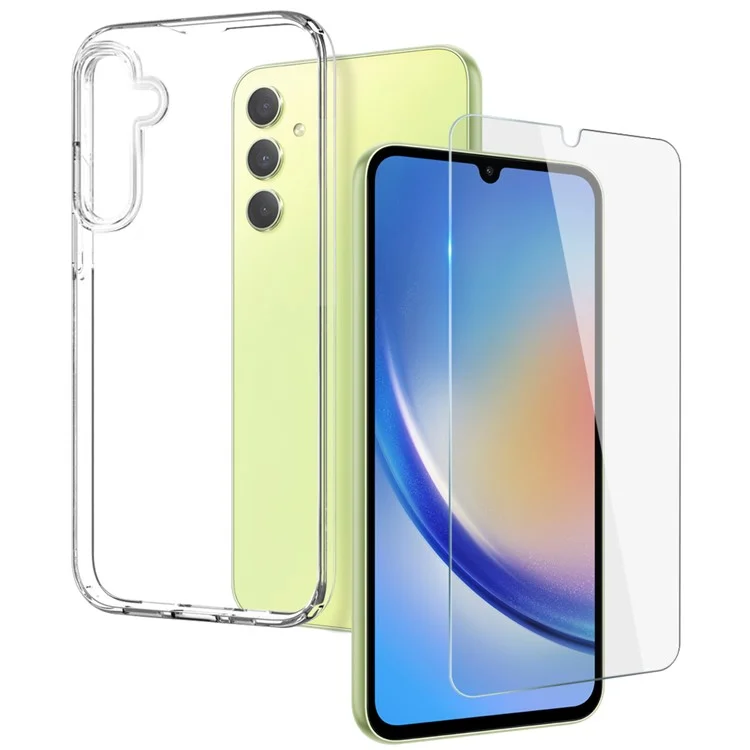 NORTHJO For Samsung Galaxy A34 5G Clear Soft TPU Phone Cover Shell with Tempered Glass Film - Transparent