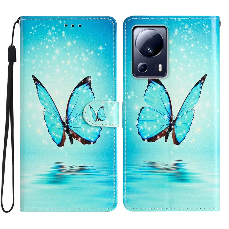 Для Xiaomi 13 Lite / Civi 2 5G Чехол с узором ПУ кожаный Стойка Бумажник Чехол со ремешком - Синяя Бабочка