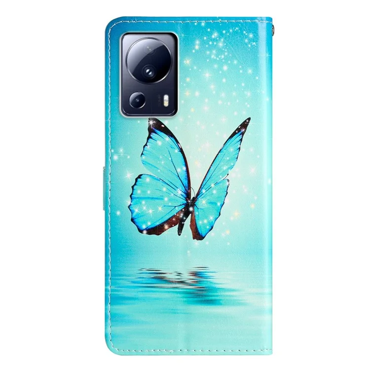 Для Xiaomi 13 Lite / Civi 2 5G Чехол с узором ПУ кожаный Стойка Бумажник Чехол со ремешком - Синяя Бабочка