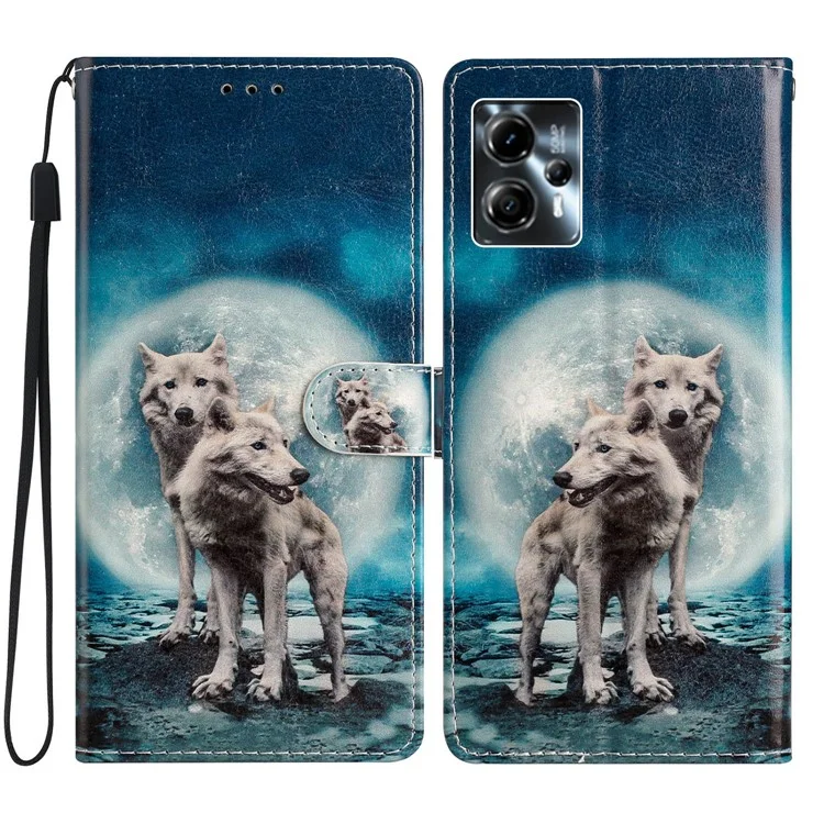 Pour Motorola Moto G13 4G / G23 4G / G53 5G Étui portefeuille en cuir PU avec impression de motif, support, protection à rabat - Deux Loups