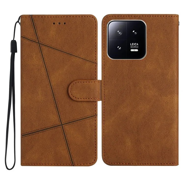 For Xiaomi 13 Pro 5G Crazy Horse Texture Leather Wallet Cover Imprinted Lines Flip Stand Phone Case with Strap - Brown