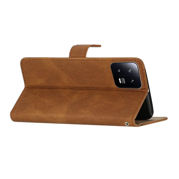 For Xiaomi 13 Pro 5G Crazy Horse Texture Leather Wallet Cover Imprinted Lines Flip Stand Phone Case with Strap - Brown