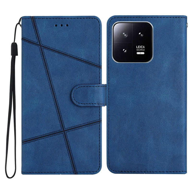 For Xiaomi 13 5G Imprinted Lines Anti-drop Stand Case Crazy Horse Texture Leather Wallet Phone Cover with Strap - Blue