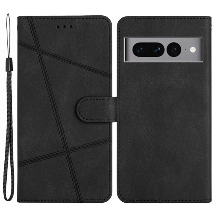 Per Google Pixel 7 Pro 5G Imprinted Lines PU Leather Wallet Stand Anti-drop Cover Crazy Horse Texture Phone Case with Strap - Black