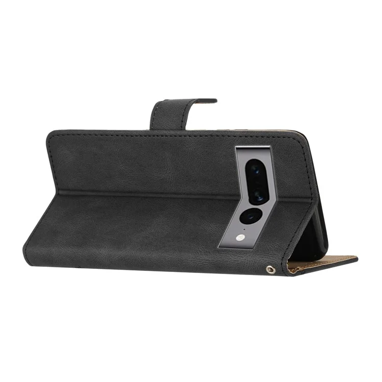 Per Google Pixel 7 Pro 5G Imprinted Lines PU Leather Wallet Stand Anti-drop Cover Crazy Horse Texture Phone Case with Strap - Black