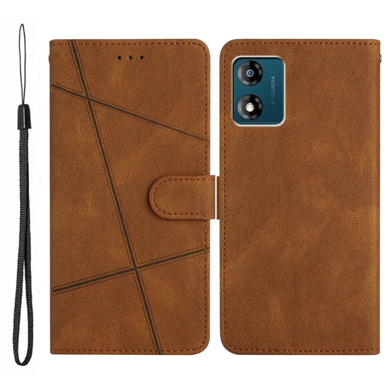 Для Motorola Moto E13 4G Imprinted Lines Crazy Horse Texture Phone Case PU Leather Wallet Stand Smartphone Cover with Strap - Brown
